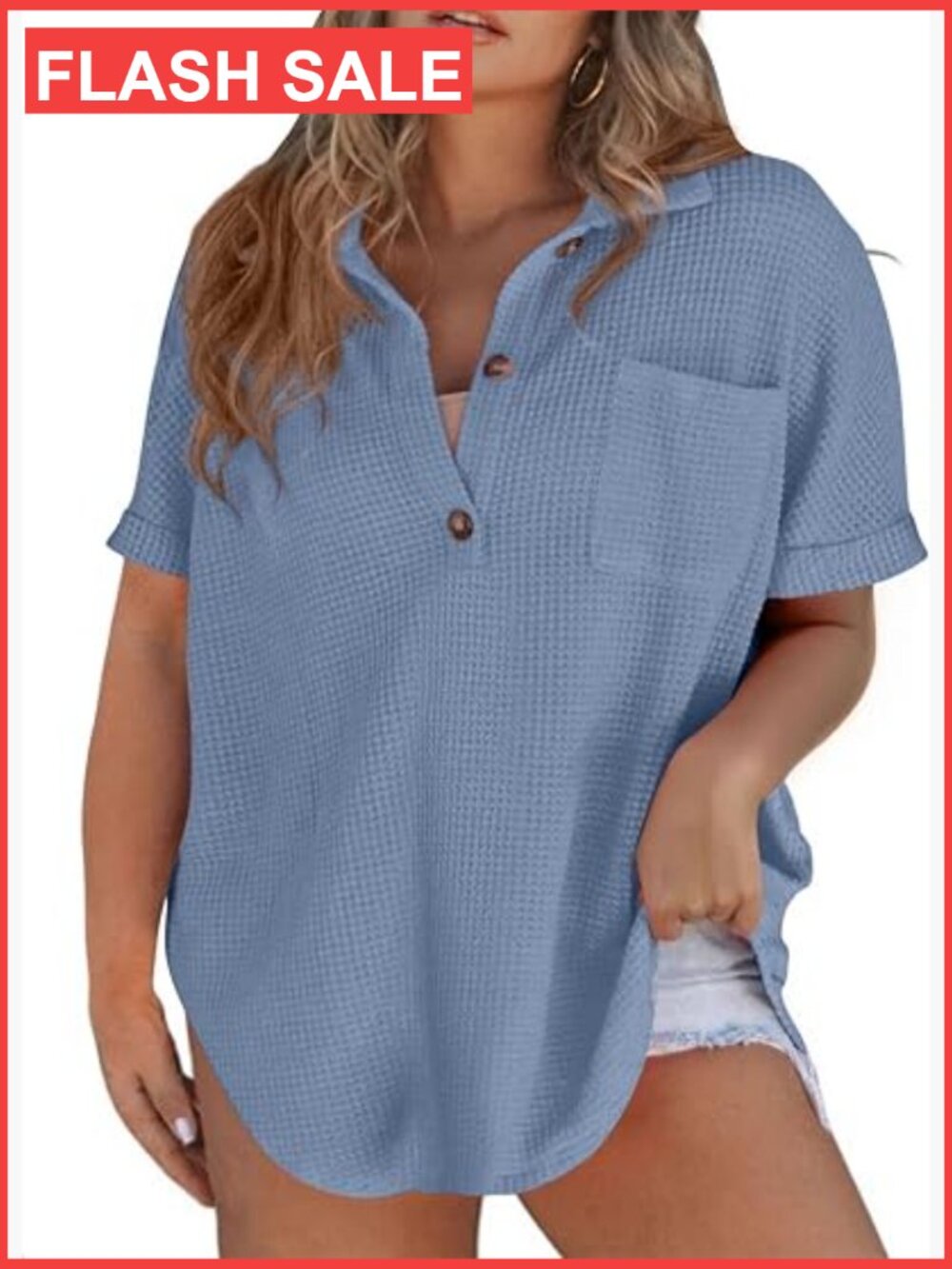 Plus Size Button Down Waffle Knit Blouse Tunic Short Sleeve V Neck Loose Fit